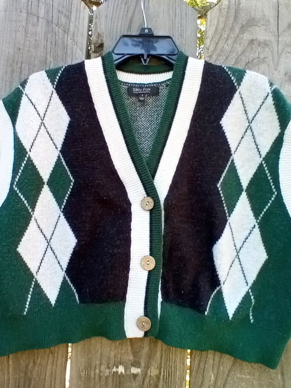 Witty Fox Argyle Knit Sweater Vest Oversized Small Button V Neck Diamond Pattern